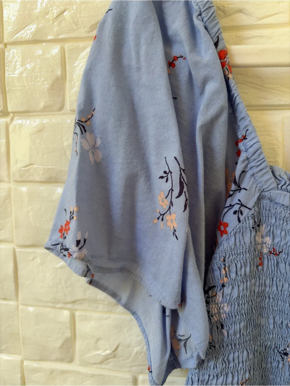 Madewell Blue Floral Smocked Square-Neck Peplum Top